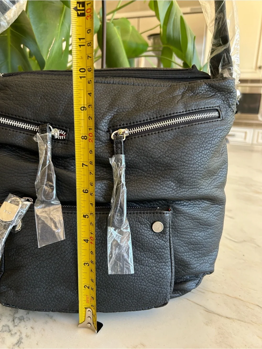 R+J Black Pebbled Leather Shoulder Bag with Multiple Zip Pockets